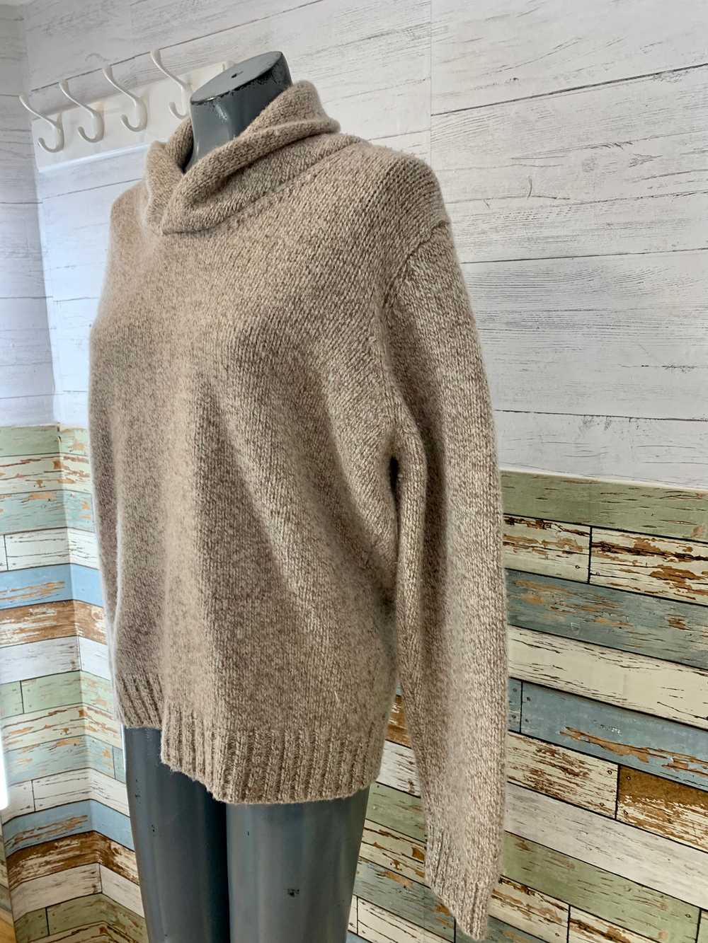 90’s Beige and Brown Knit Shawl Neck Sweater - image 2
