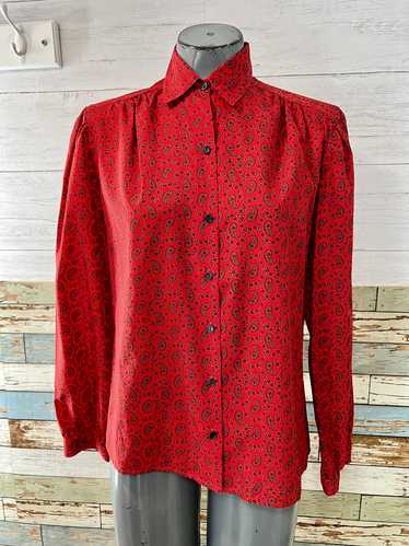 80’s Red Parsley Print Long Sleeve Blouse - image 1