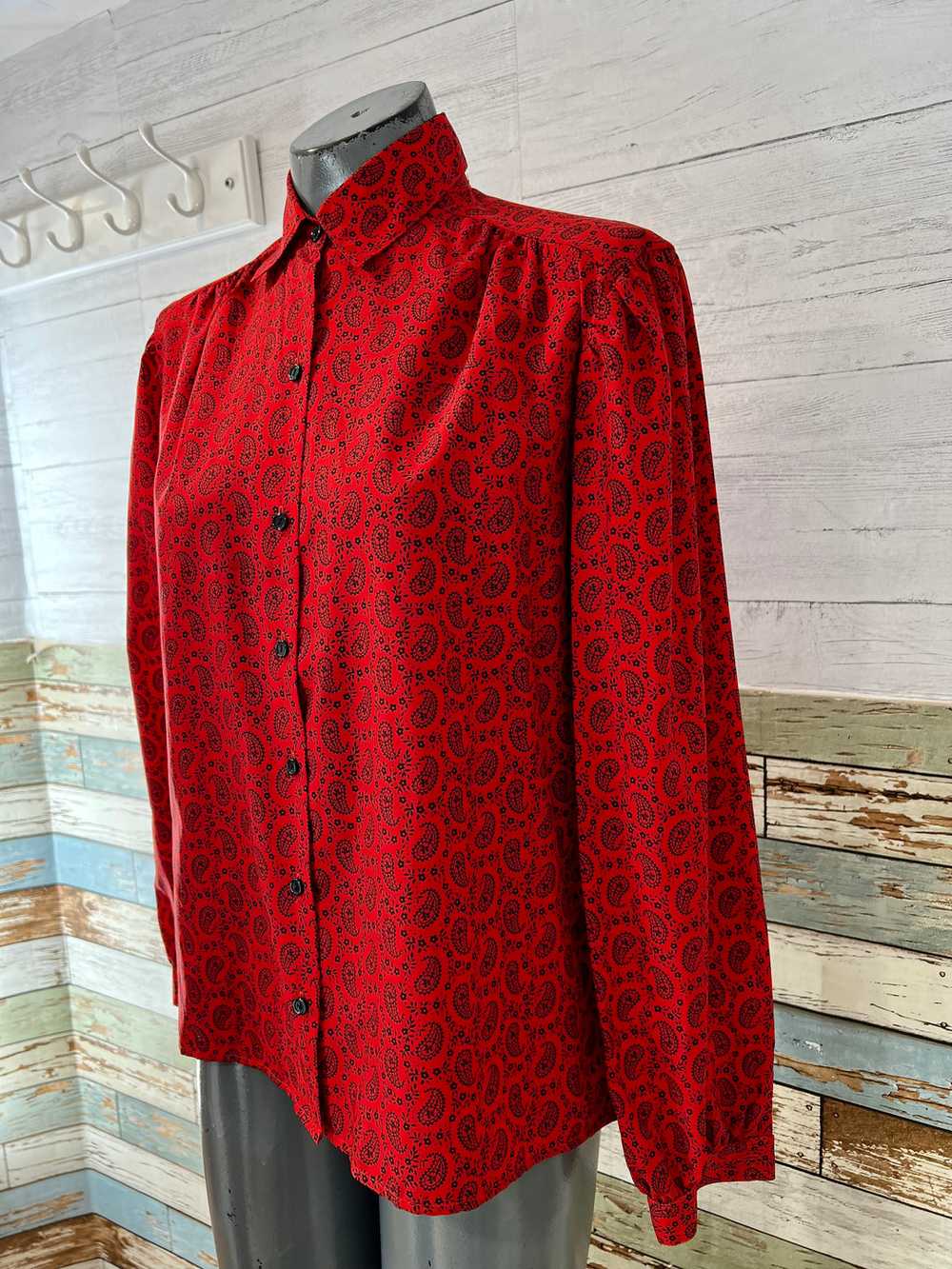 80’s Red Parsley Print Long Sleeve Blouse - image 2