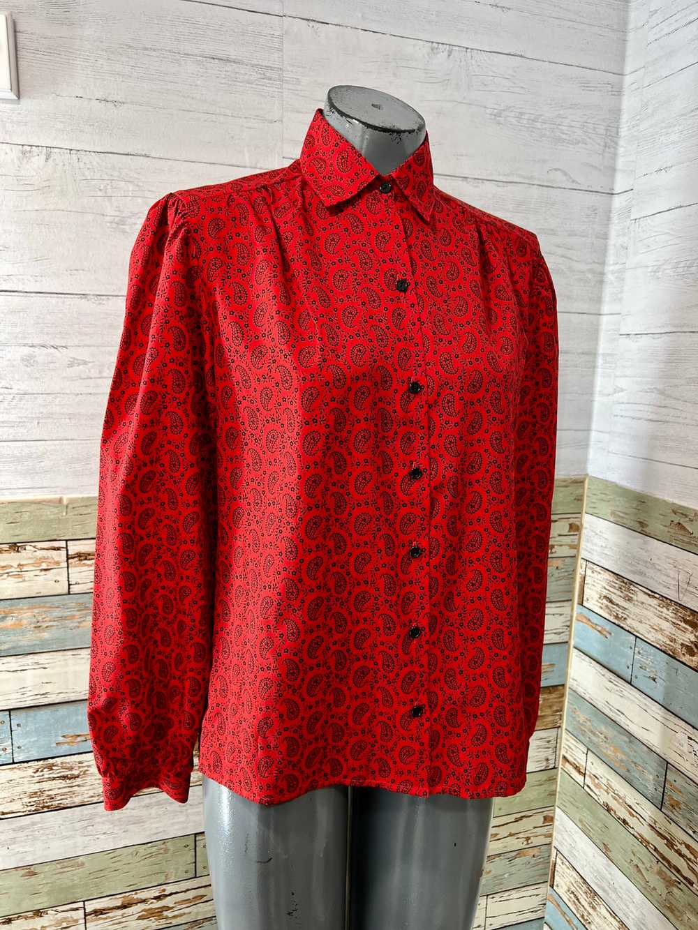 80’s Red Parsley Print Long Sleeve Blouse - image 5