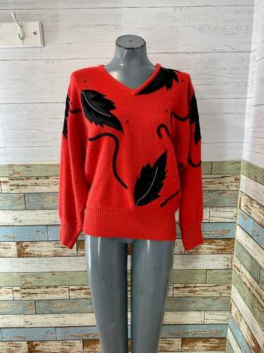 90's Red And Black Leaf Embroidered V-neck Sweater