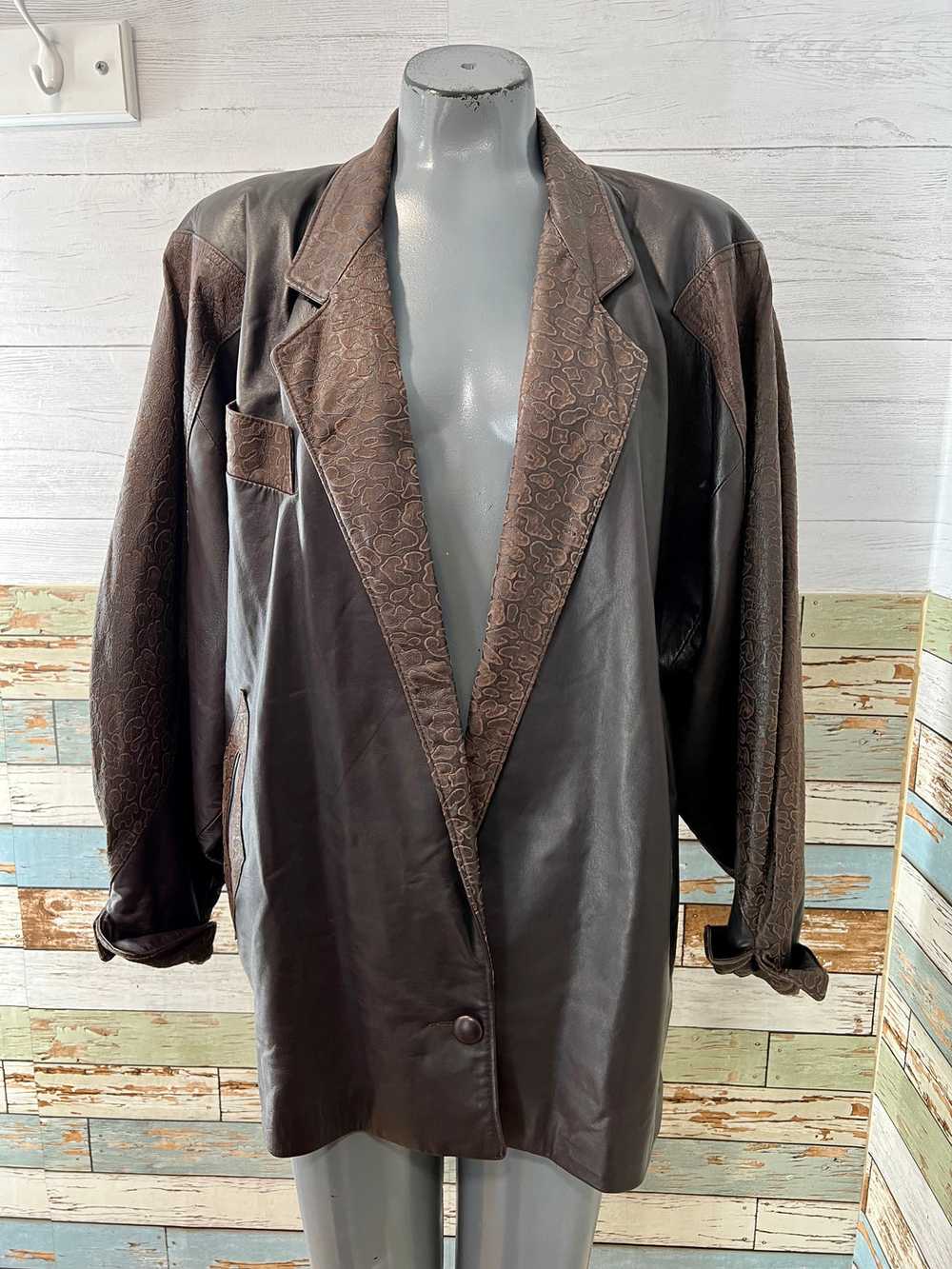 80’s Dark Brown Oversized pattern Leather Jacket - image 1