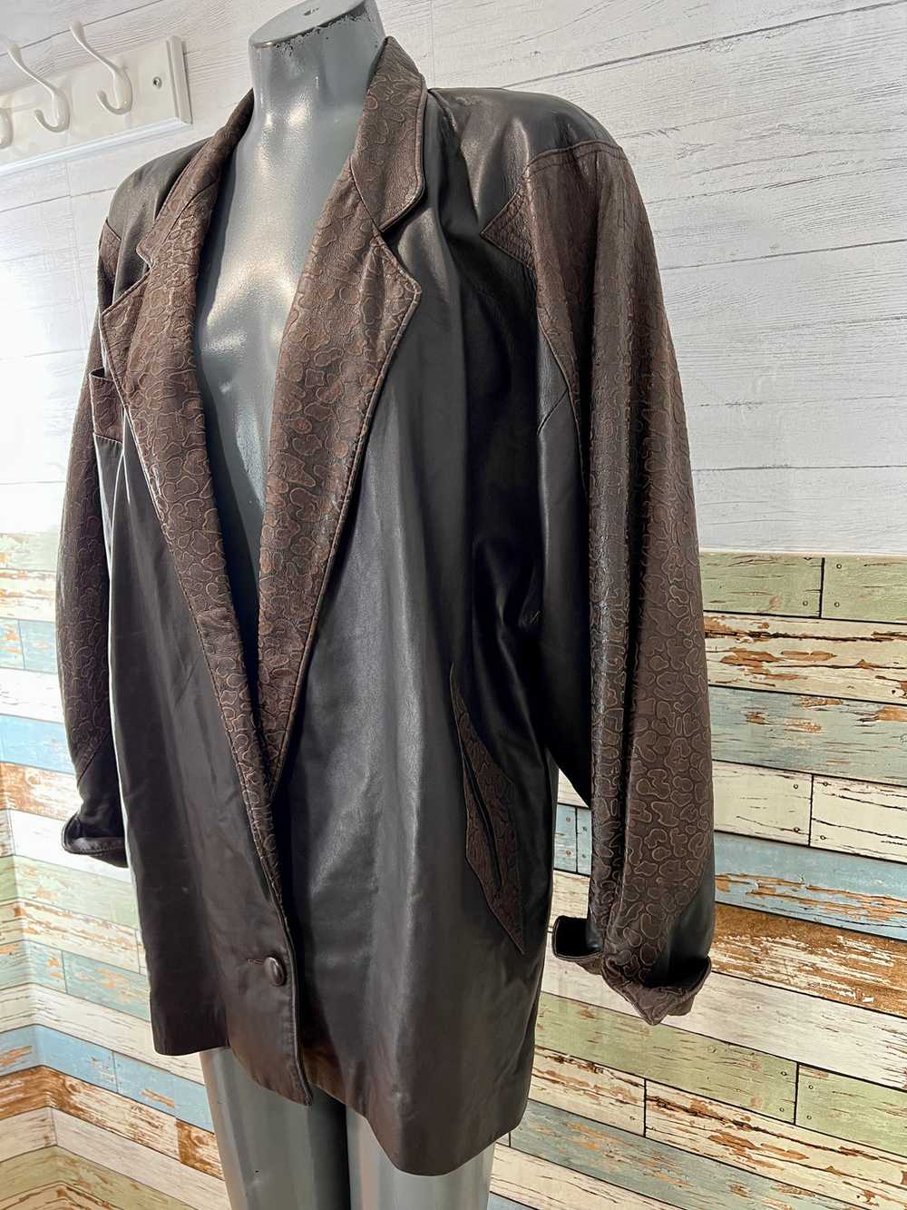 80’s Dark Brown Oversized pattern Leather Jacket - image 2