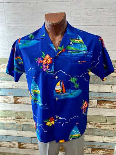 70’s Royal Blue Tropical Sailing Print Short Sleev