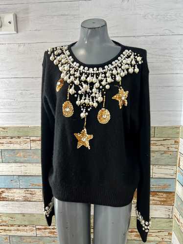 80’s Black Knit Adorned Collar with Pearl and Sequ