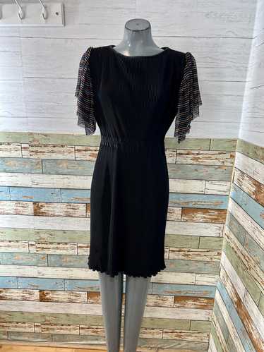 80’s Black Pleated Dress with Multicolor Stripe S… - image 1