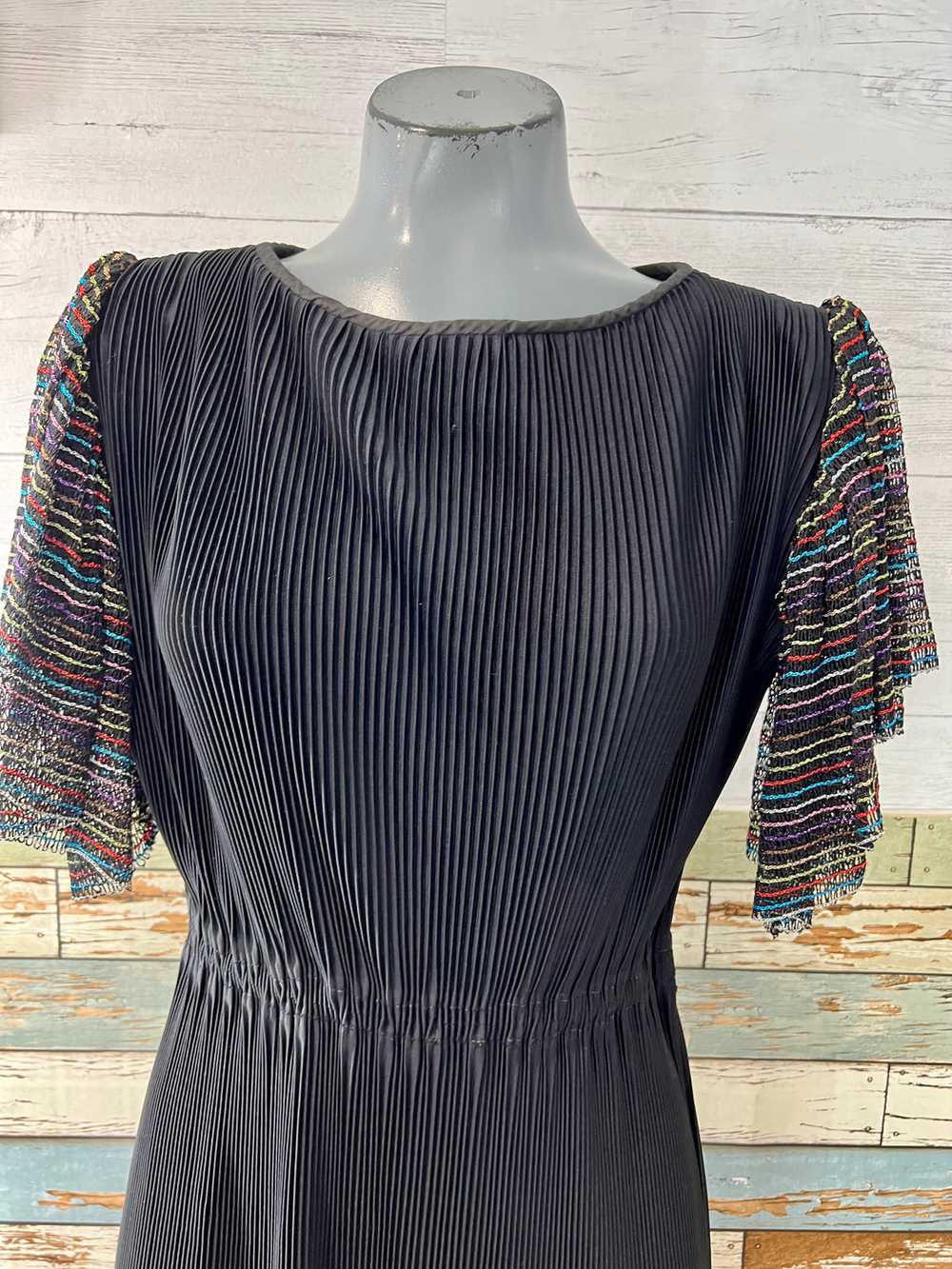 80’s Black Pleated Dress with Multicolor Stripe S… - image 2