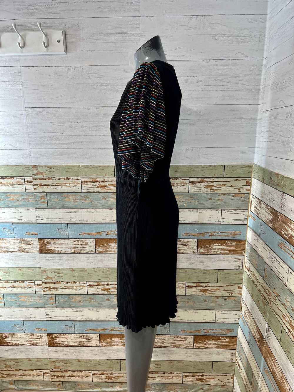 80’s Black Pleated Dress with Multicolor Stripe S… - image 3