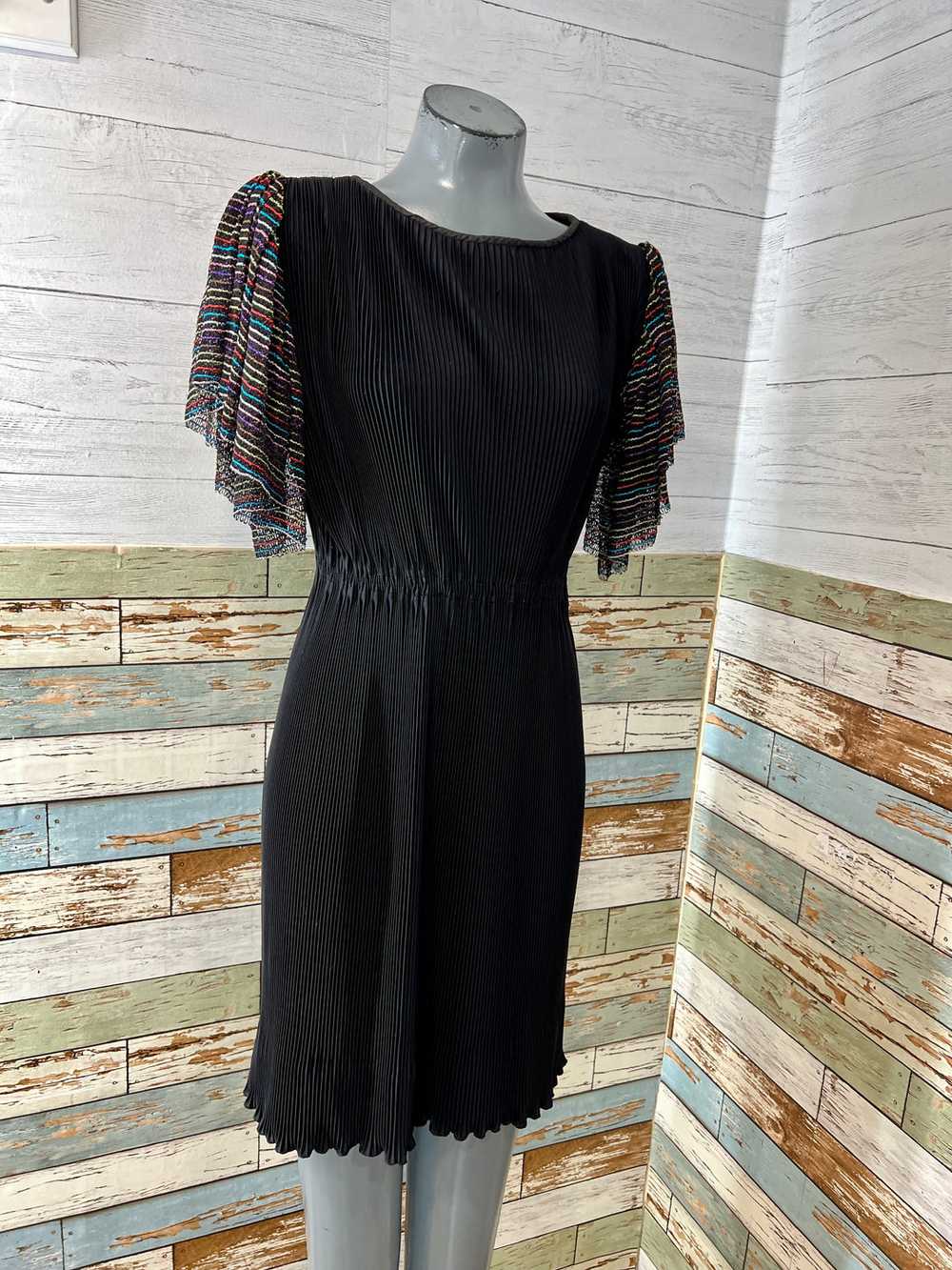 80’s Black Pleated Dress with Multicolor Stripe S… - image 5