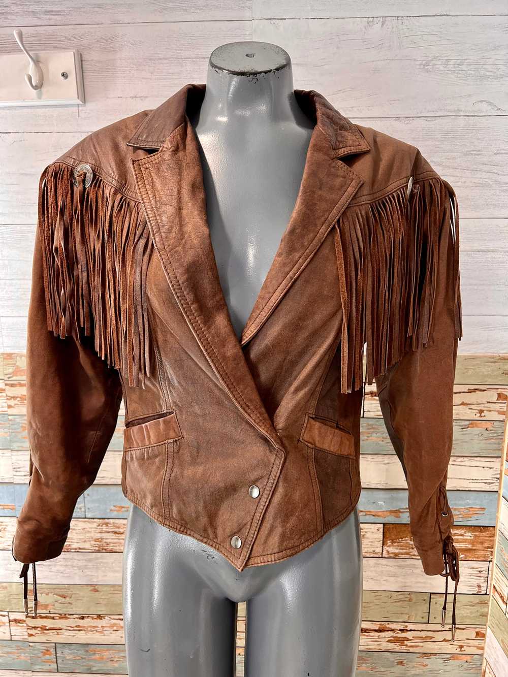 80s Distressed Brown Fringe Leather Short Jacket … - image 1