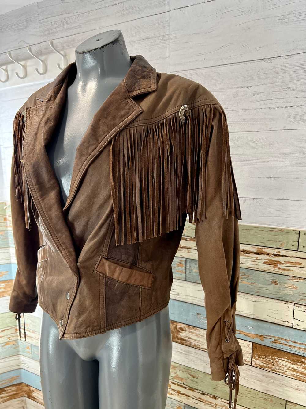 80s Distressed Brown Fringe Leather Short Jacket … - image 2