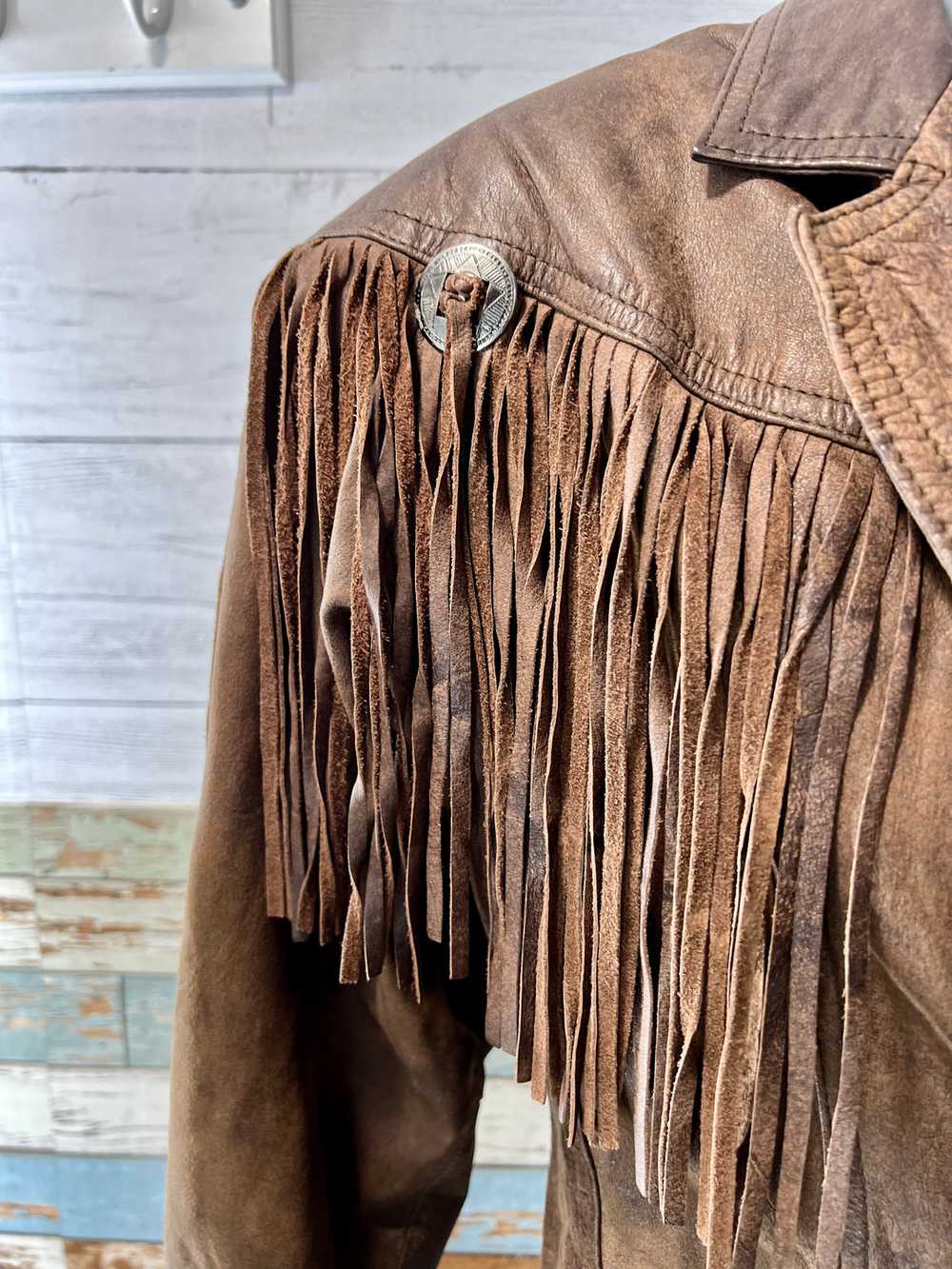 80s Distressed Brown Fringe Leather Short Jacket … - image 3