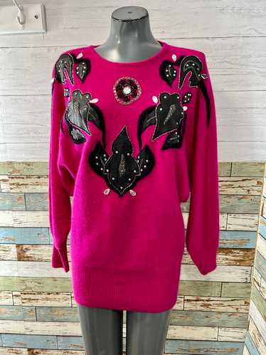 80s Fuchsia Knit Sweater with Leather Applications