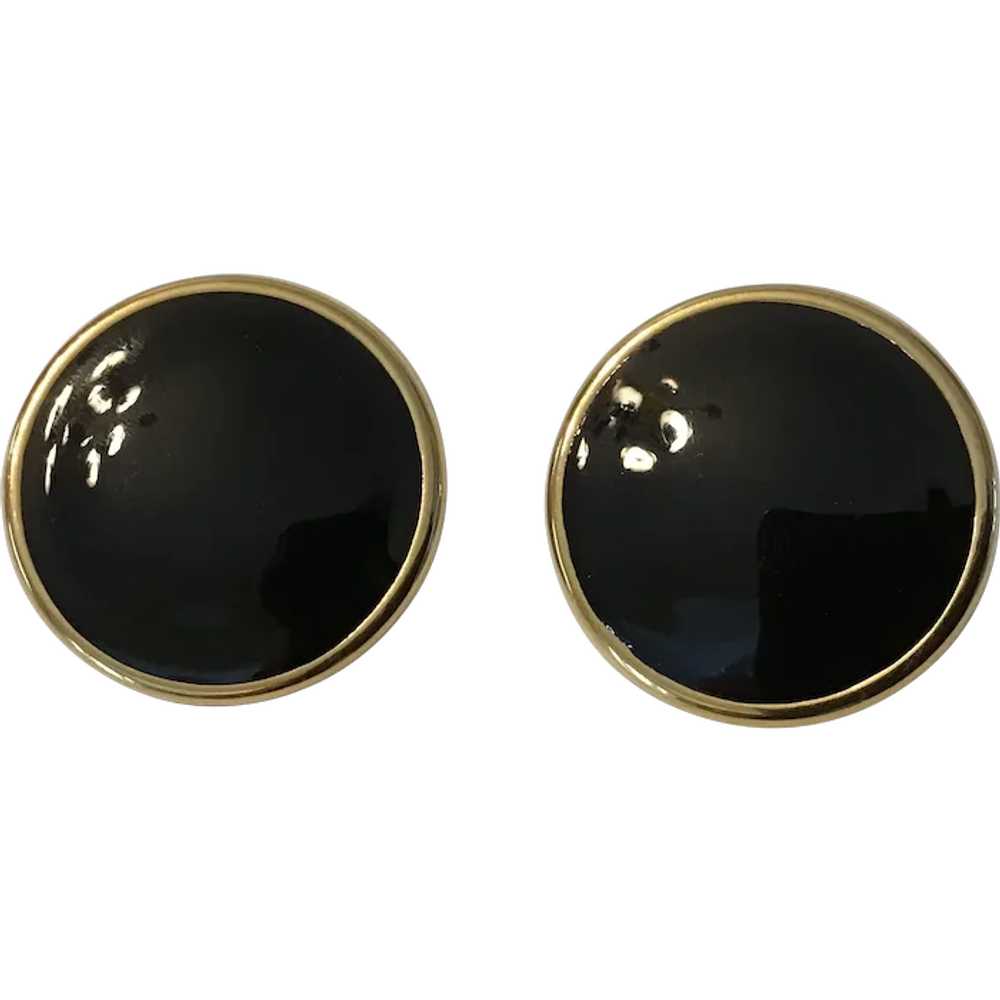 Bold Napier Gold Tone and Black Enamel Disc Earri… - image 1