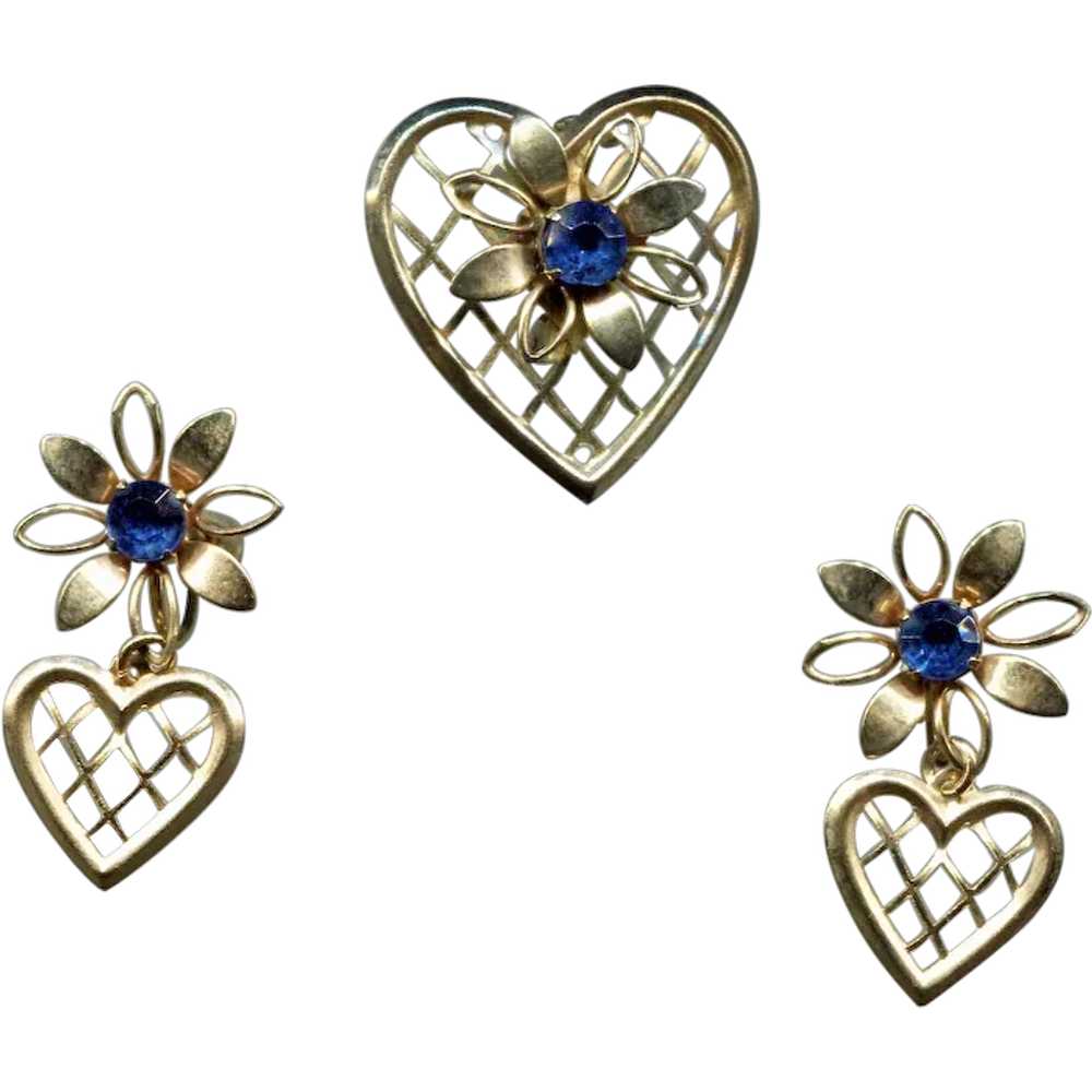 Hearts with Flower & Blue Stone Pin & Earring Set - image 1
