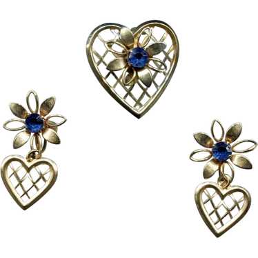 Hearts with Flower & Blue Stone Pin & Earring Set - image 1