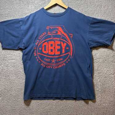 Obey Propaganda Men's Short Sleeve Shirt Medium Crew Neck Blue Cream