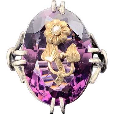 Antique Silver, Gold, Amethyst & Seed Pearl Flora… - image 1