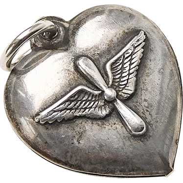 WWII Sterling ARMY AIR CORP Wings Puffy Heart Cha… - image 1