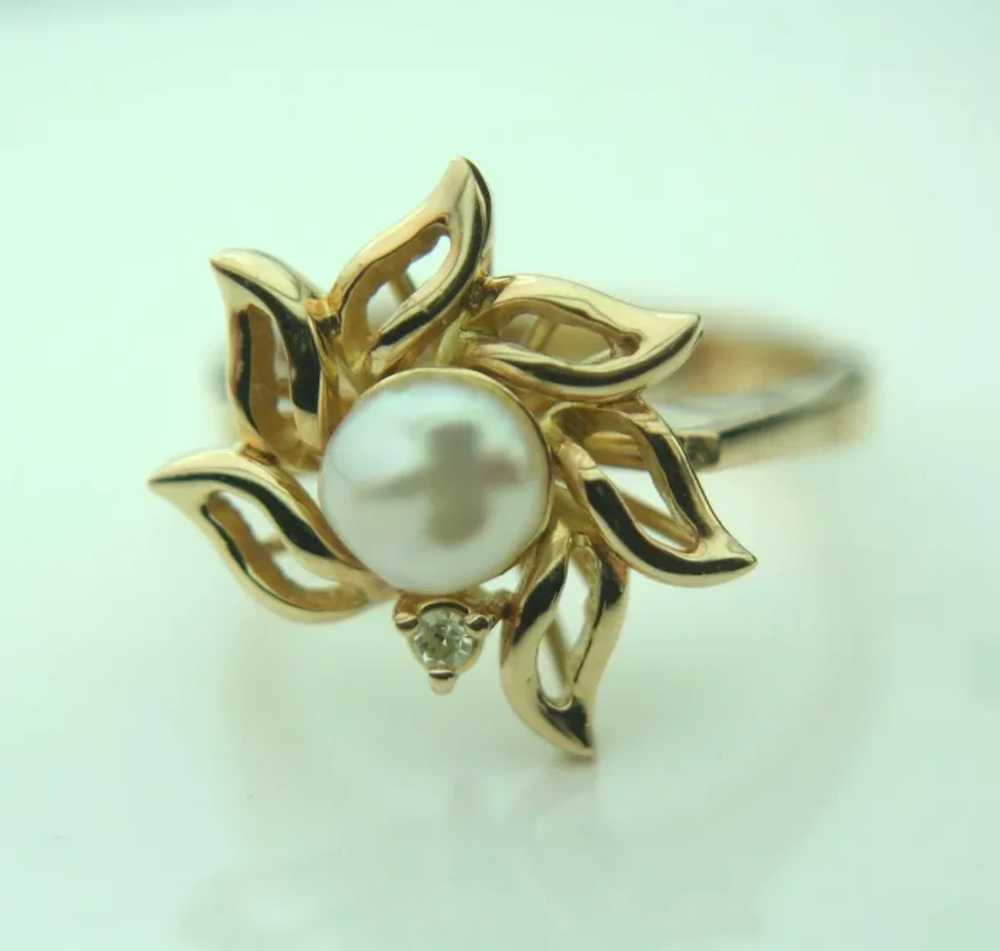 14k Yellow Gold Freshwater Pearl & Diamond Flower… - image 5