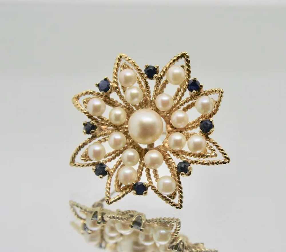 14k Gold Pearl & Sapphire Pin/Brooch - image 4