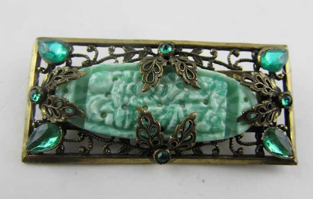Peking Glass Vintage Pin With Green Crystal Accen… - image 12