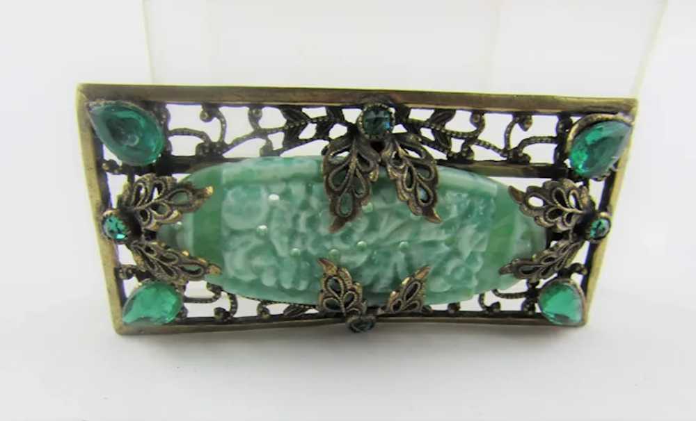 Peking Glass Vintage Pin With Green Crystal Accen… - image 2