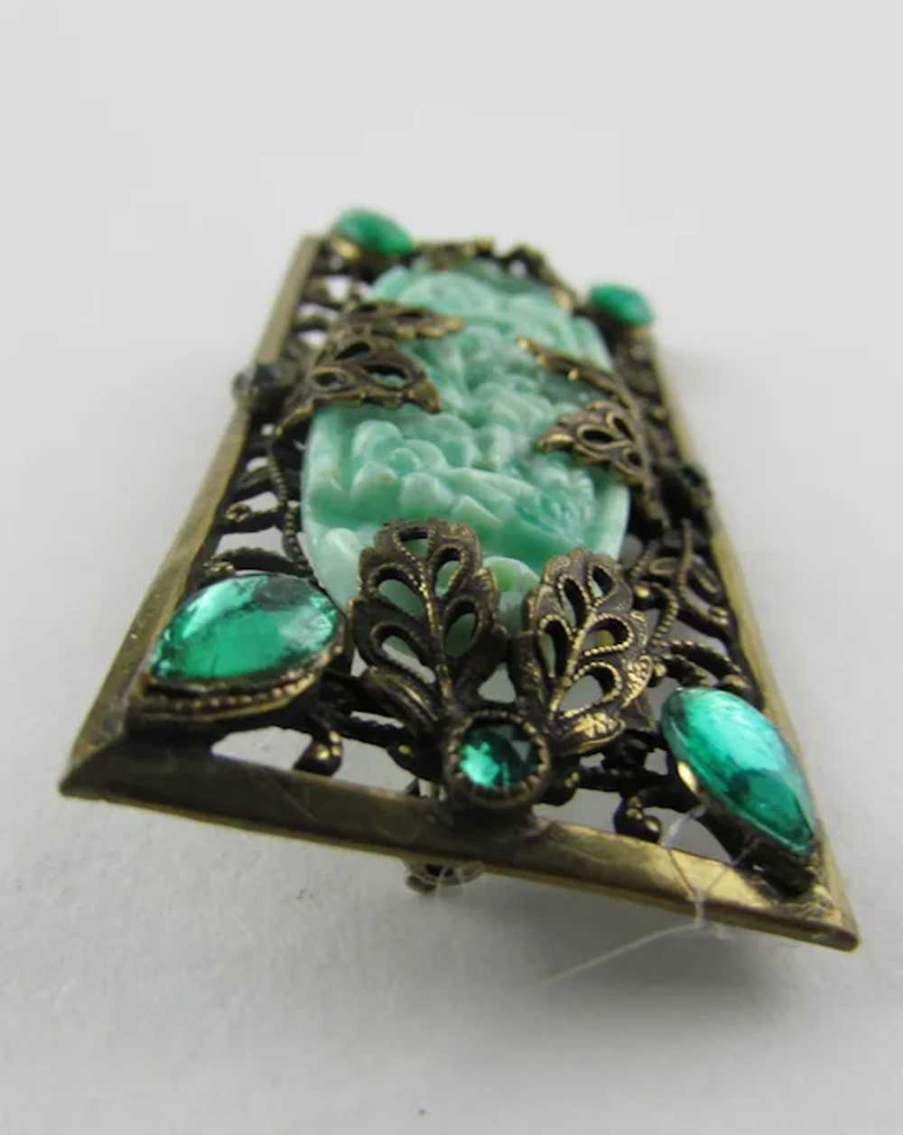 Peking Glass Vintage Pin With Green Crystal Accen… - image 3