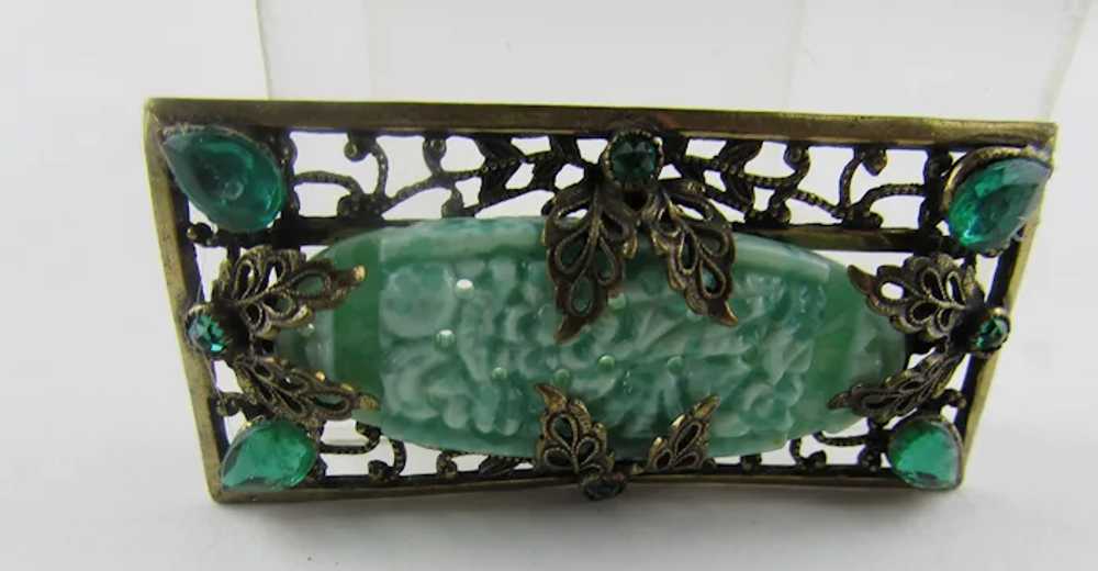 Peking Glass Vintage Pin With Green Crystal Accen… - image 4