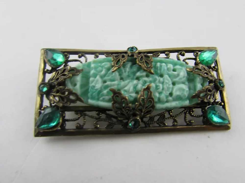 Peking Glass Vintage Pin With Green Crystal Accen… - image 6