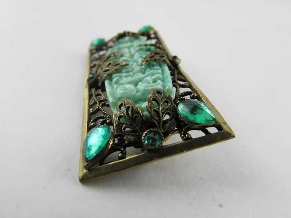 Peking Glass Vintage Pin With Green Crystal Accen… - image 9