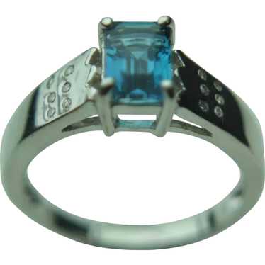 9k Solid White Gold, Blue Topaz & Recessed Diamond