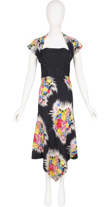 1940s Floral Black Silk Halter Dress & Shrug Set - image 1