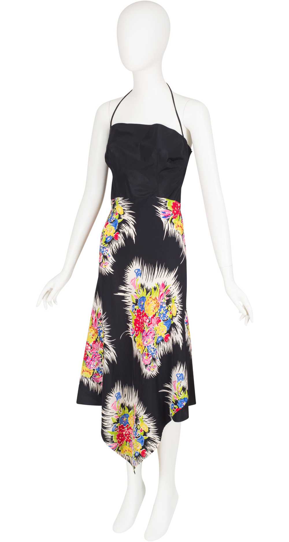 1940s Floral Black Silk Halter Dress & Shrug Set - image 2