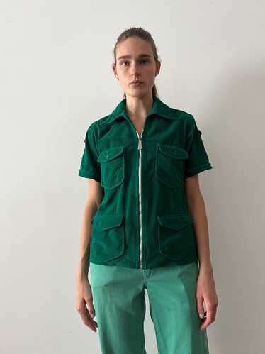 60s Green Velour Homemade Mens ZIp-Up Shirt Jacket