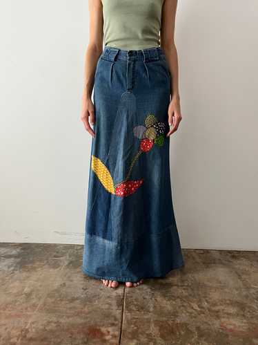 70s Denim Patchwork Floral Homemade Skirt - image 1