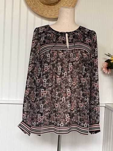 Loft Floral & Stripe Pink & Black Peasant Blouse L