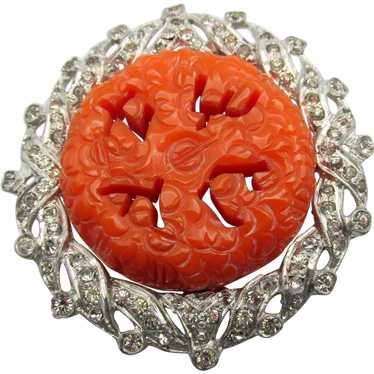 1930s Carved Coral Glass Asian Rhinestone Brooch