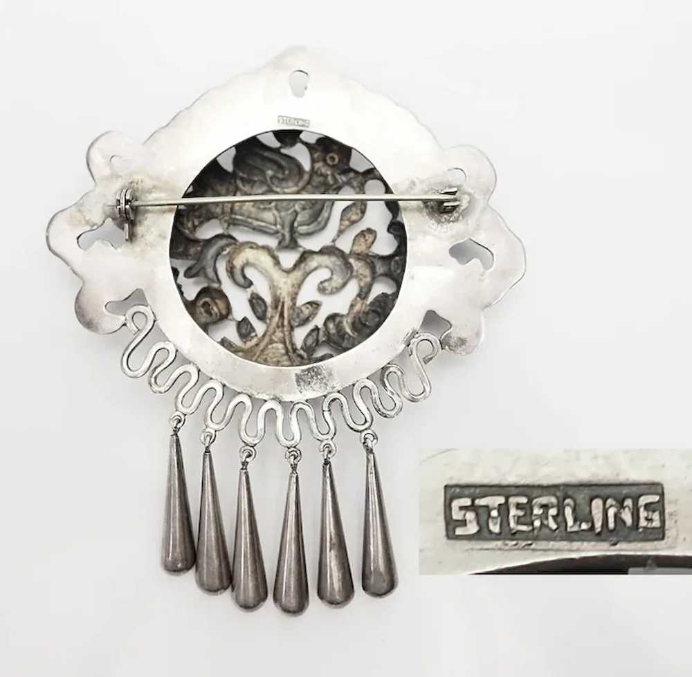 Large antique sterling silver etched bird detail … - image 3
