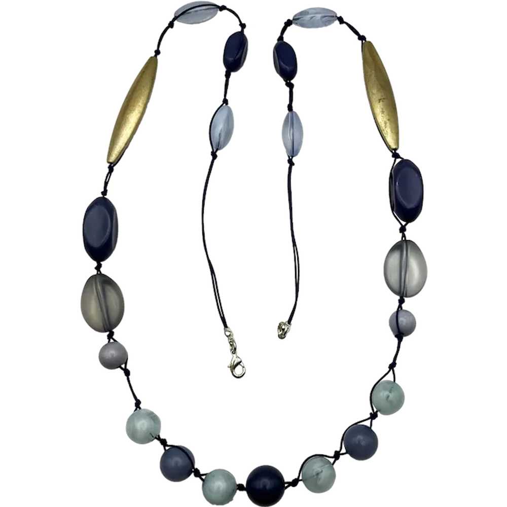 Blue and Gray Beaded Necklace with Pretty Goldton… - image 1
