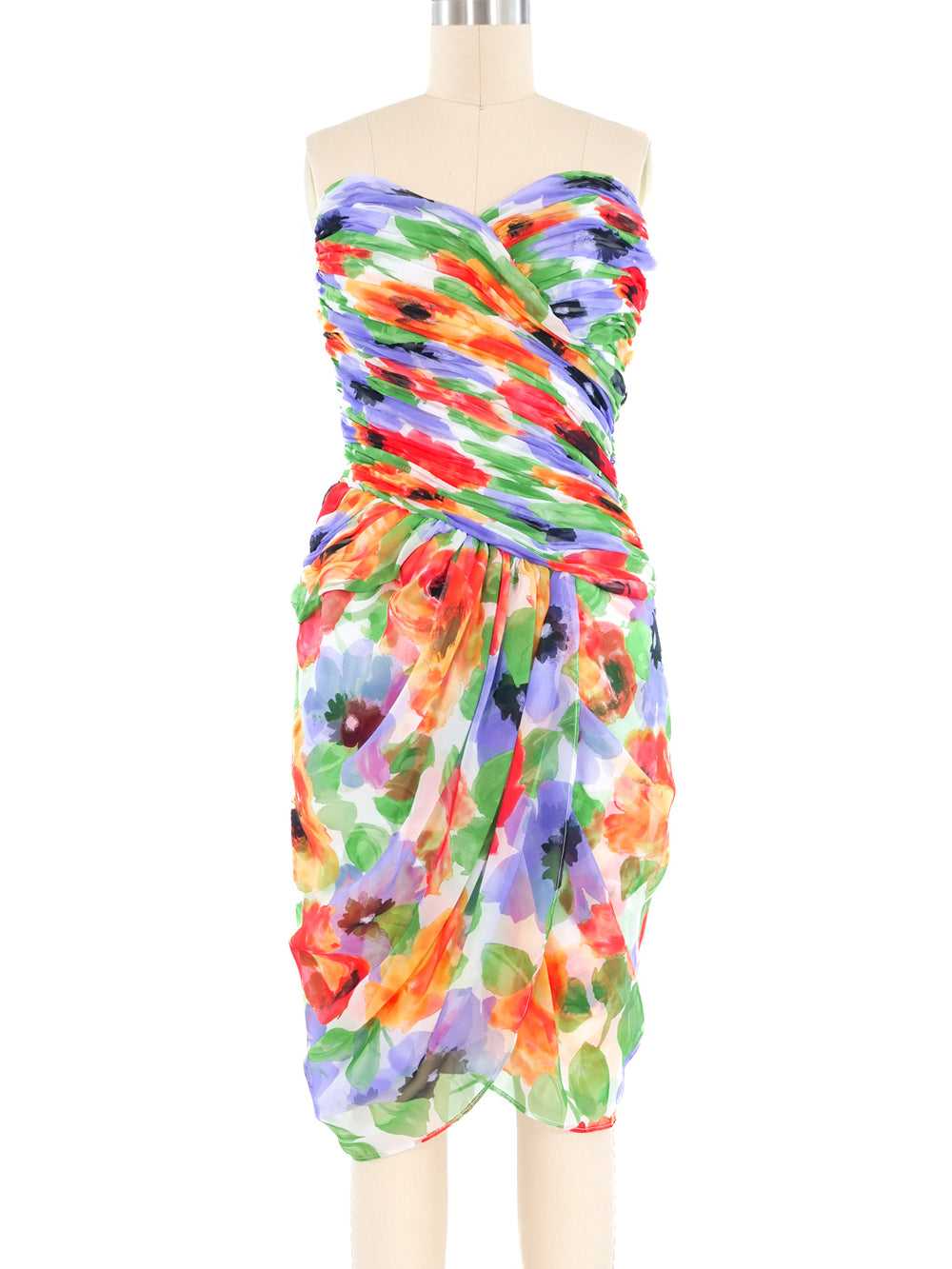 Victor Costa Ruched Floral Bustier Dress - image 1