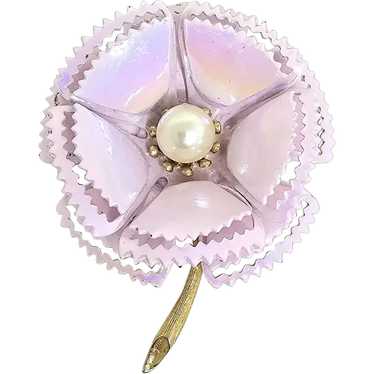 Vintage CORO Iridescent Pink Enamel Faux Pearl Fl… - image 1