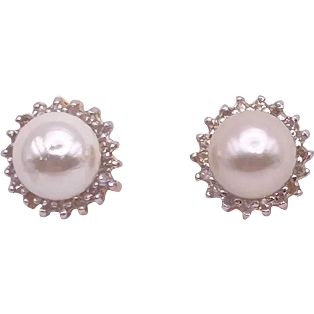 Diamond Halo Cultured Pearl Earrings 14K Gold, 7 … - image 1