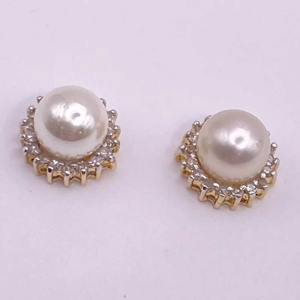 Diamond Halo Cultured Pearl Earrings 14K Gold, 7 … - image 2