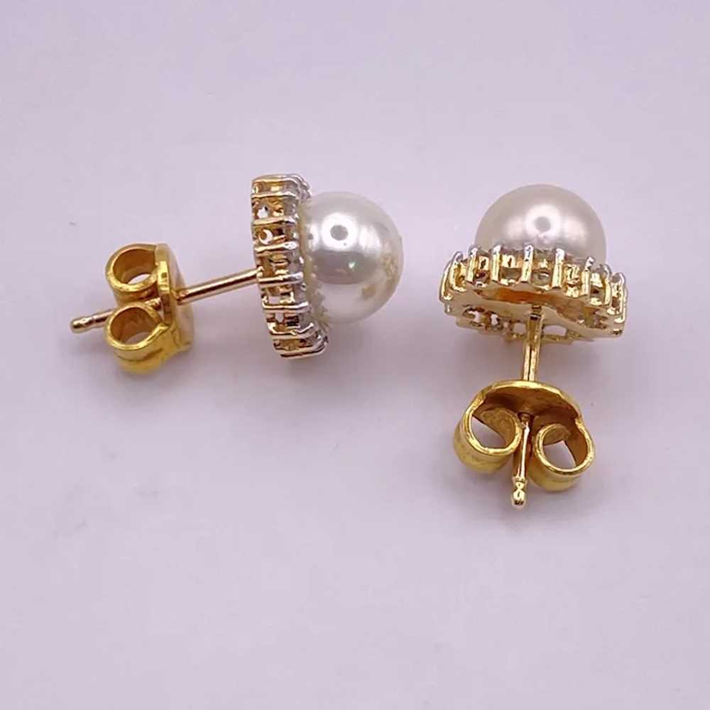 Diamond Halo Cultured Pearl Earrings 14K Gold, 7 … - image 3