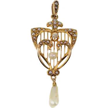 Antique Edwardian 14K Gold Diamond Pearl Pendant … - image 1