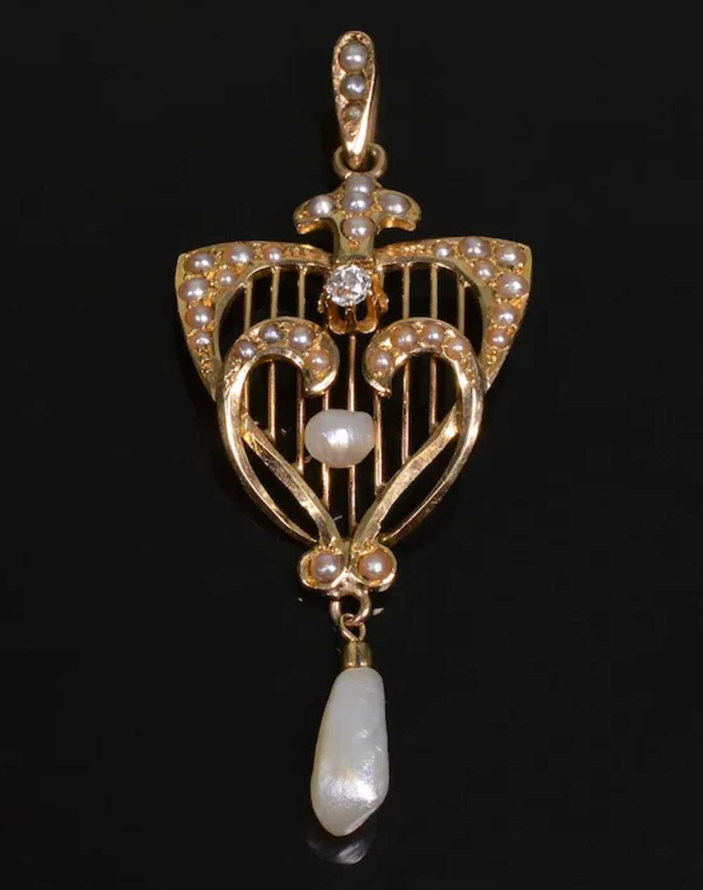 Antique Edwardian 14K Gold Diamond Pearl Pendant … - image 2