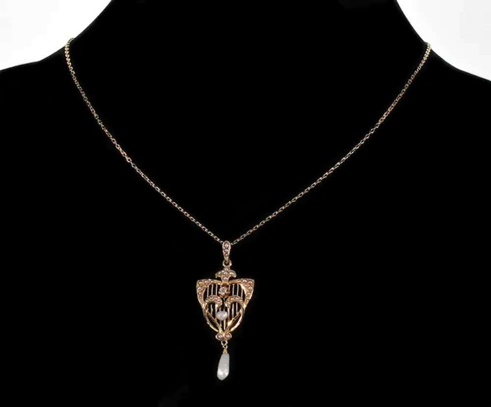 Antique Edwardian 14K Gold Diamond Pearl Pendant … - image 3
