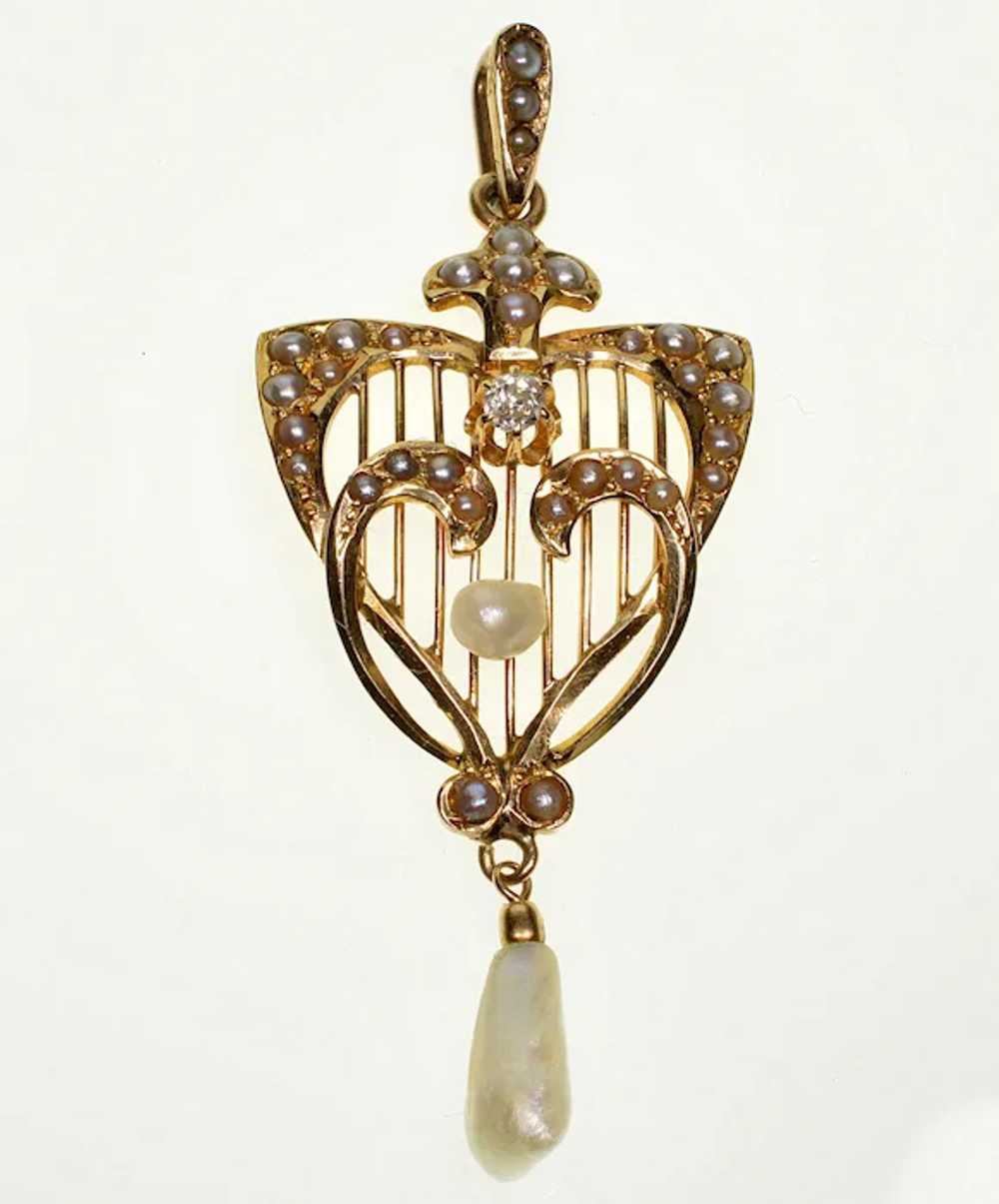Antique Edwardian 14K Gold Diamond Pearl Pendant … - image 4