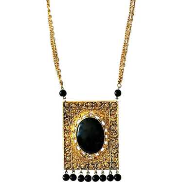 Vintage Necklace Ornate Black Cabochon Gold Plate… - image 1